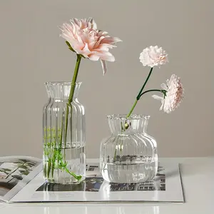 Modern Square Glass Vase with Clear Striped Design for Water Plants Living Room Home Decoration
