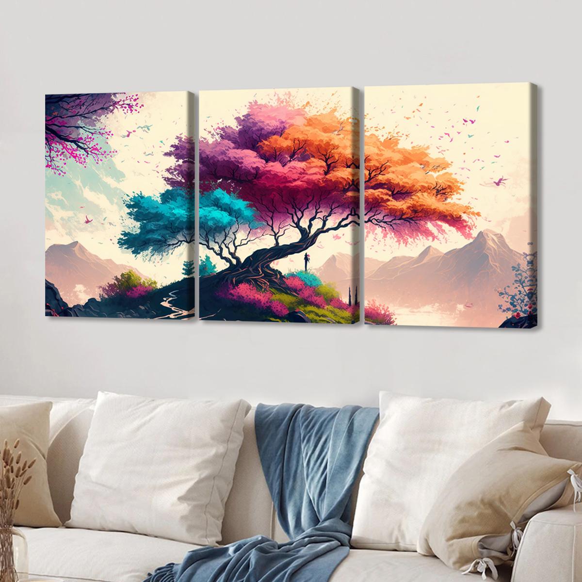 3Pcs Wooden Framed Canvas Painting, Colorful Fantasy Tree And Mountain Landscape, Exquisite Poster, Home Decoration, Pattern Wall Art Decor, For Living Room, Bedroom, Office, Restaurant, Bar Wall Decor, Odorless, Painting, Print Artwork.