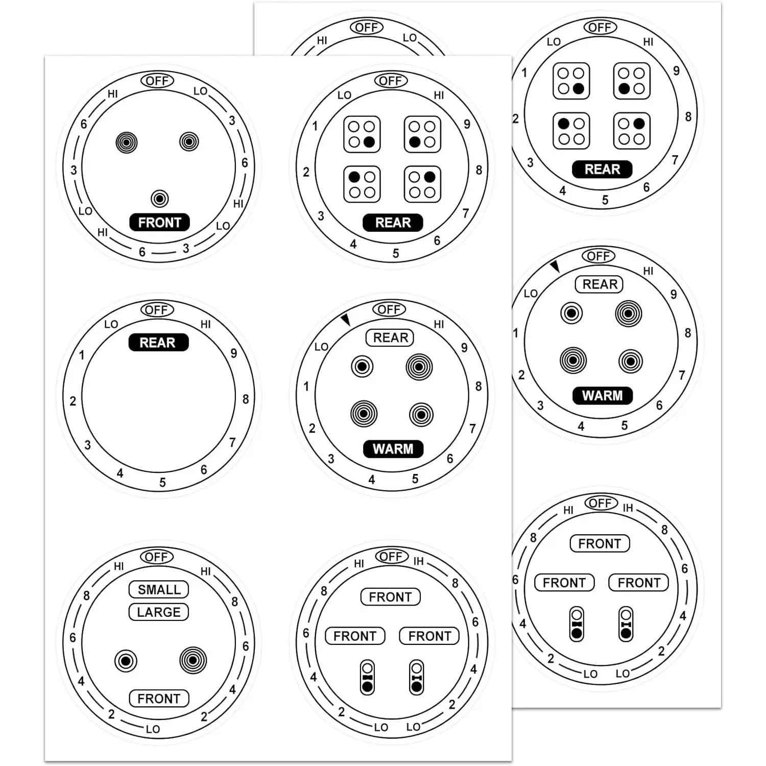 12 count Stove Dials Sticker for Burner Cook Top Hob Cooker Top Oven Replacement Adhesive knob Symbols Electric Range Knob Kit  for Identify The Burners (Black)