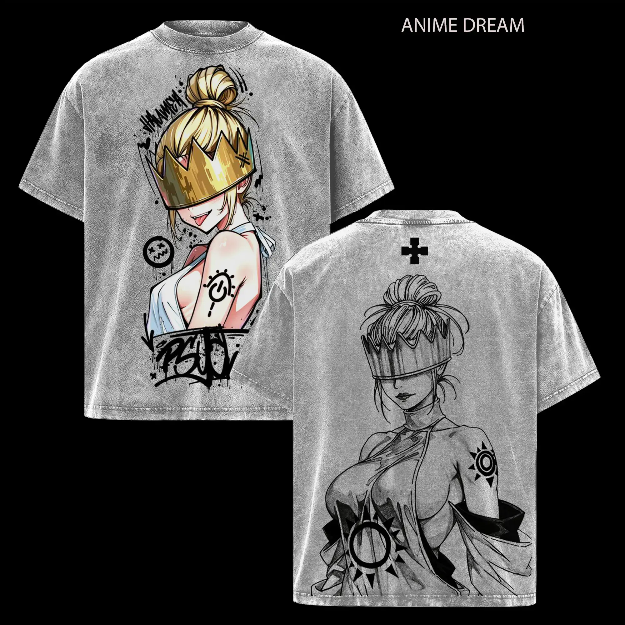 Haumea Fire Force Anime Double Printed Vintage Washed Tee Unisex Oversize Heavyweight Cotton T-shirt for Anime Fans and Lovers