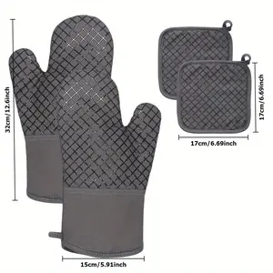 4pcs Premium Oven Mitts and Pot Holders Set High Heat Resistant Long Cotton Oven Gloves Non-Slip and Comfortable Grip for Cooking Baking and Grilling Silicone Surface for Easy Cleaning