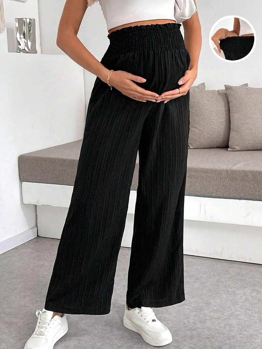 LUNA LAYER Womens Maternity Textured Solid Color Loose Wide Leg Pants
