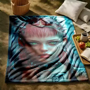 1 piece A portrait of a punk-style girl with green eyes. themed flannel blanket - Modern-style all-season flannel blanket, suitable for sofas and beds, super soft and comfortable, digitally printed pattern, 100% polyester material, machine