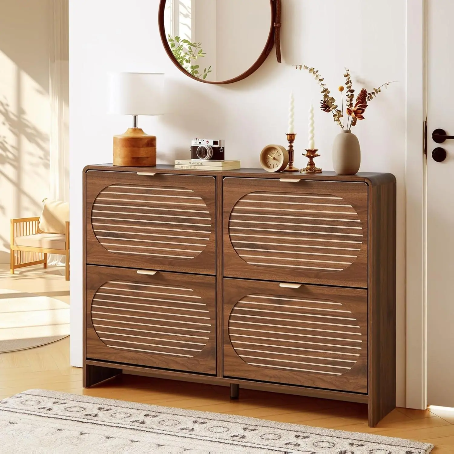 Giratree 47.24" Narrow Shoe Storage Cabinet for Entryway with 4 Flip Drawers, Curved Edge Shoe Cabinet with Arched Stripe Panel, Freestanding Wood Shoe Organizer Closed Shoe Rack for Hallway, Foyer