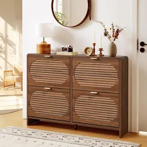 Giratree 47.24" Narrow Shoe Storage Cabinet for Entryway with 4 Flip Drawers, Curved Edge Shoe Cabinet with Arched Stripe Panel, Freestanding Wood Shoe Organizer Closed Shoe Rack for Hallway, Foyer