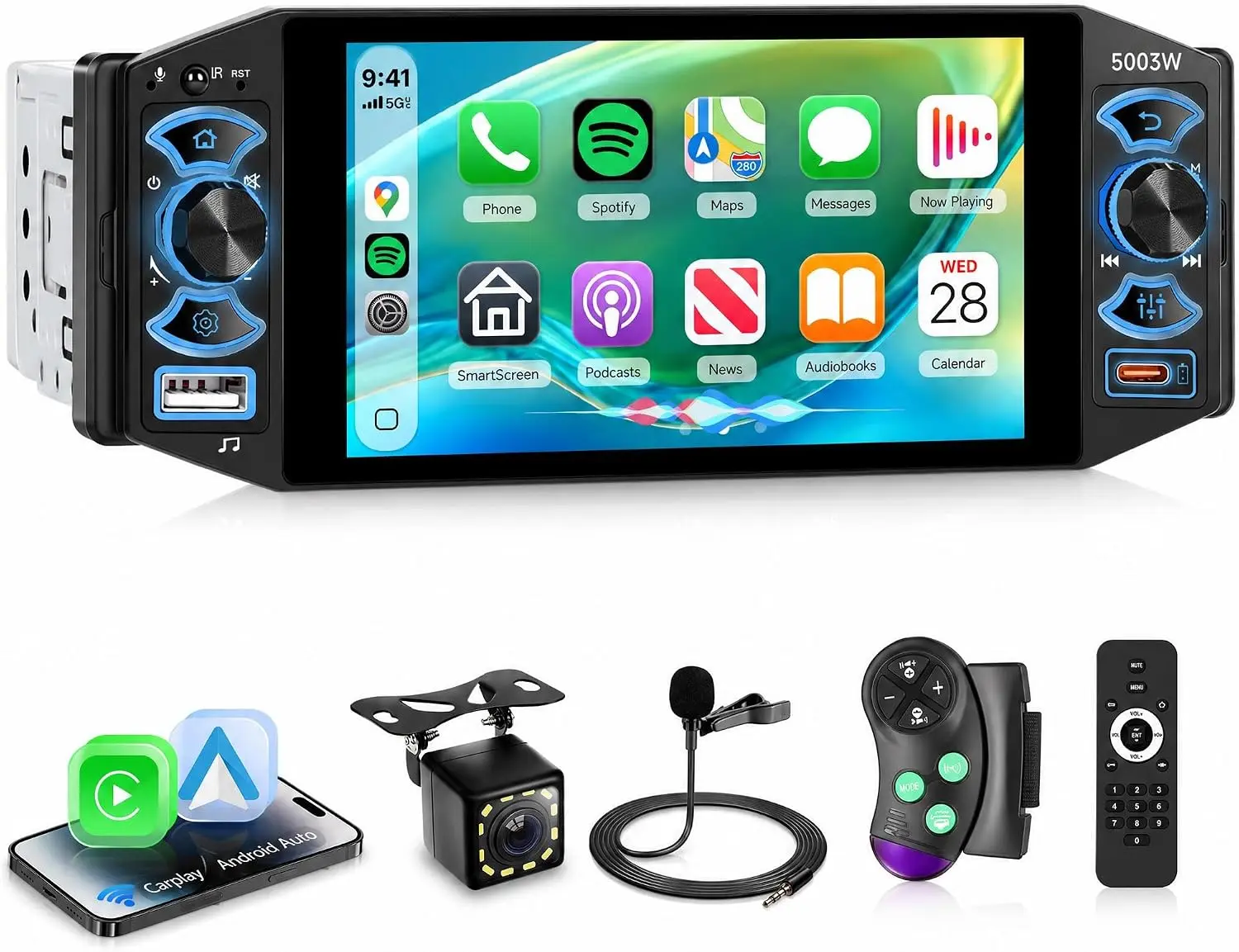 5 Inch Single Din Car Stereo MP5 Multimedia Player with Wireless Carplay Android Auto, 1 Din Radio Touch Screen with Mirror Link, Bluetooth 5.0, FM Radio, EQ, USB/AUX/TF/SWC/DVR Backup Camera