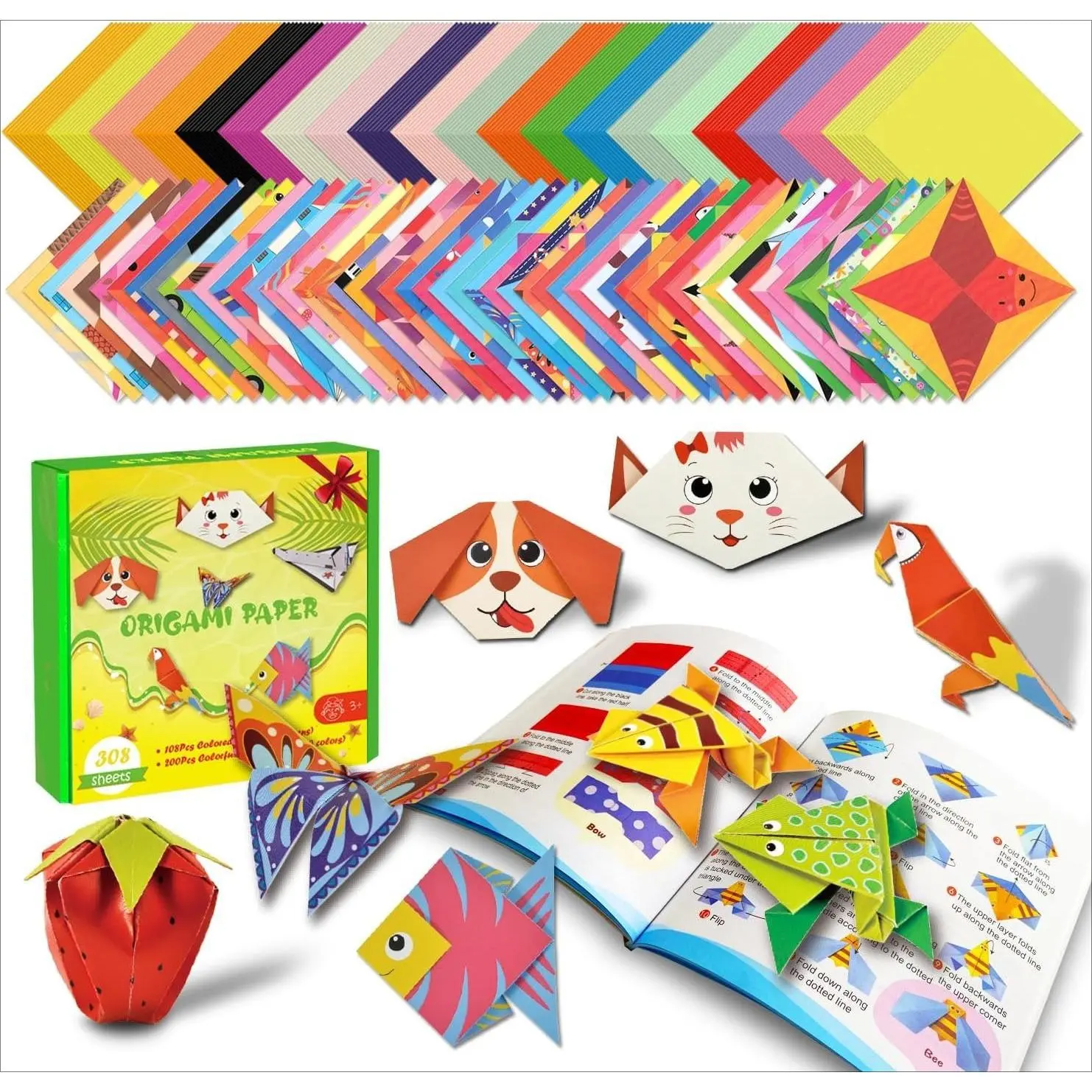 SQ-HDJ005 Square Origami Paper Kit, 5.5x5.5in DIY Crafts Set (308 Sheets, 54 Patterns, Guiding Book) for 5-12/6-8 Years Beginners, Easter Activities, Birthday Christmas Gifts for Kids