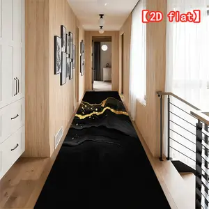 【2D flat】Black and gold abstract painting long strip carpet with vintage pattern for hallway | Luxury machine-washable aisle rug | Soft, beautiful, and easy-to-clean corridor mat | High-quality kitchen carpet in multiple sizes