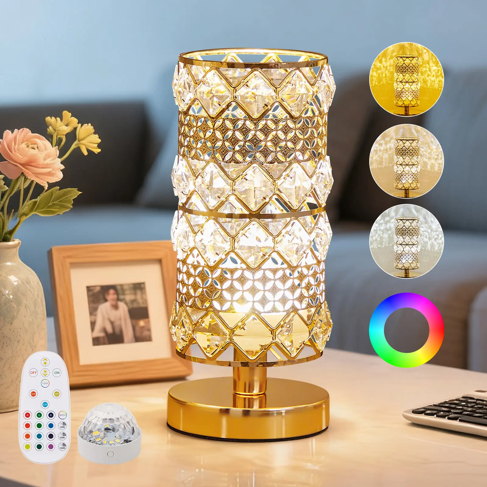 Dimmable Touch-Control Crystal Lamp with Wireless Charger, 15 RGB Colors, Adjustable Light Modes - Decorative Light Decor for Nightstands, Desks, Dimmable Touch Lamp