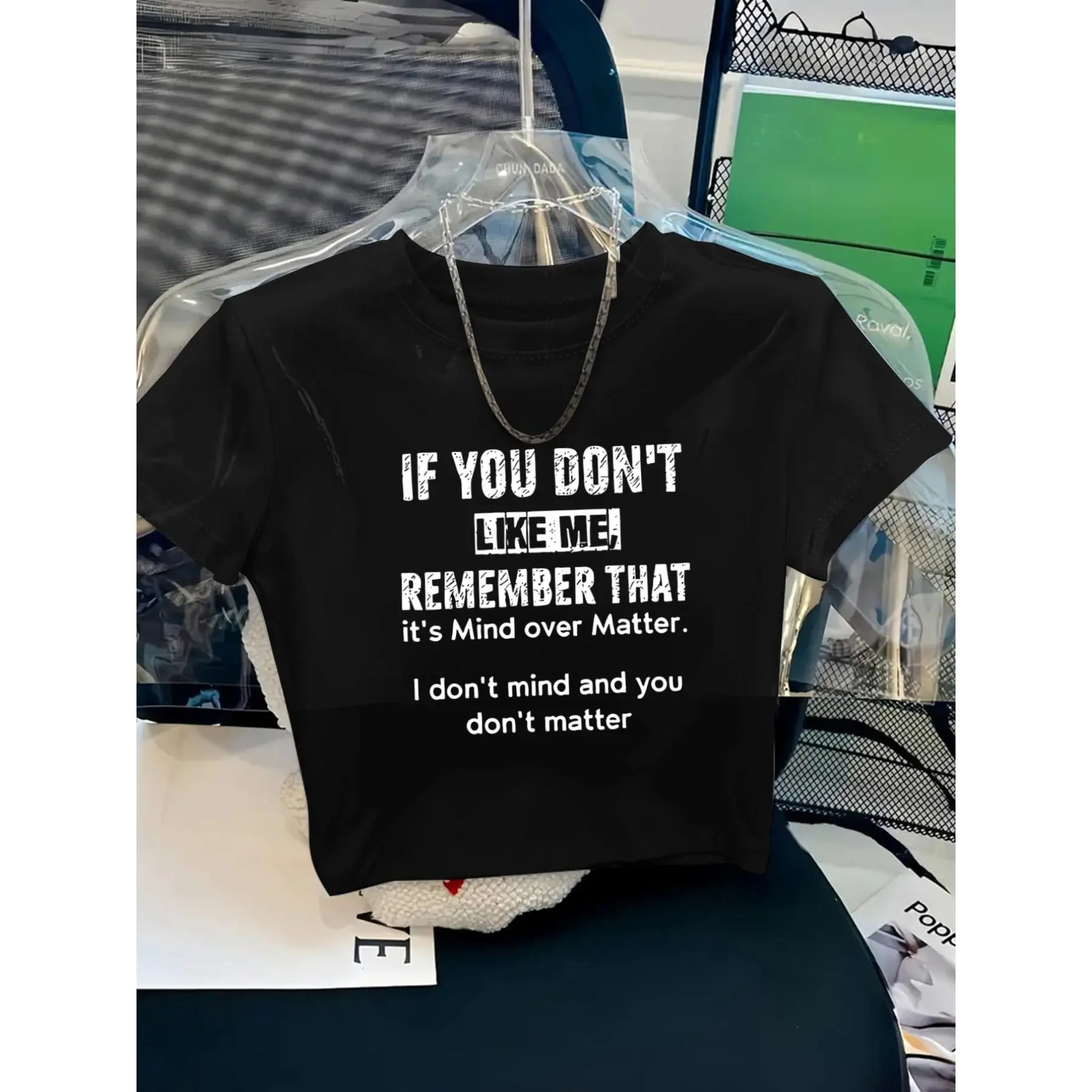 Women'S Short Cropped T-Shirt, Slim Fit, Round Neck, Short Sleeves, Personalized Slogan, English "I Don'T Mind And You Don'T Matter" Attitude Declaration, Easy And Loose, Multiple Colors Available, Casual Outerwear