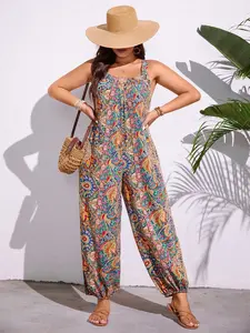 Boho Style Paisley Print Loose-Fitting Sleeveless Jumpsuit, Plus Size Vacation Wear, Comfortable & Stylish One-Piece