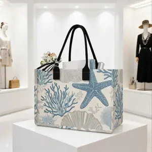 Large Capacity Starfish Coral Print Storage Bag, Durable Handle, Space Saving Multi-Purpose, Ideal for School, Travel, Shopping, Lightweight Tote Bag