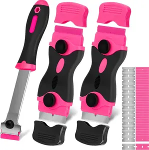THINKWORK Razor Blade Scraper Tool, 3Pcs Pink Razor Scrapers with 15pcs Metal and 30pcs Plastic Blades, Scraper Tool for Cleaning Paint, Decals, Adhesive, Caulk, Stickers, Glass, Labels, Window, Stovetop