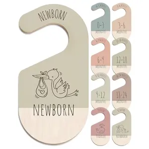 Wooden Baby Clothing Dividers Set of 8, Wooden Name Tags for Newborns, Baby Closet Separators for Infants to 24 Months, Vintage Wooden Hangers