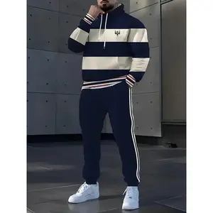[Street Style Sweatshirt Set] Plus Size Men's Sweatshirt Set |   Large Size Three-Color Striped Logo Hoodie Pants Set with Detailed Design Touches - Street Style Contrast Narrative, Unlocking Classic Dressing Code Elementswomen's clothing