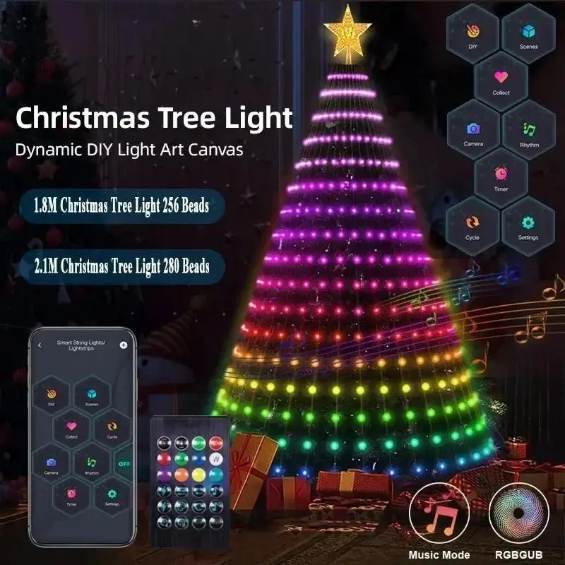 Smart Christmas Tree Lights, APP & Remote Control RGB Color-Changing Light String，Timer/Music Sync for Christmas Decorations and Holiday Party Decor Illuminated Candles Graffiti Ornaments Hand