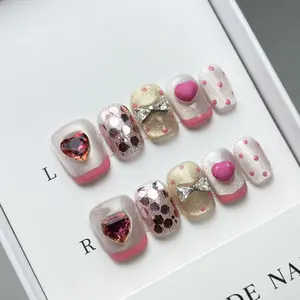 Handmade Pink Heart Charm Press On Nails | Rhinestone Bow Fake Nails | Coquette Valentine's Nail Art 10Pcs