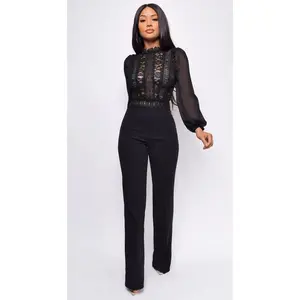 Crochet Lace Mesh Jumpsuit - Black