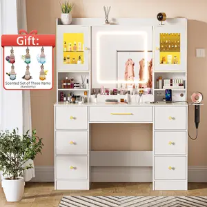 White Makeup Vanity Desk with Mirror and Lights, Large Vanity Table Set with Charging Station, Dressing Table with RGB Cabinets, Makeup Vanity Mirror with Light Desk and Drawers, 3 LED Light Modes