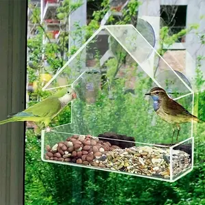 Acrylic Bird Feeder with Viewing Window, Transparent House-Shaped Seed Tray, for Attracting Birds, with Suction Cups for Secure Mounting