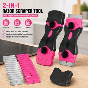 2-in-1 Dual-Ended Pink Razor Blade Scraper Tool with Replaceable Ends, Stainless Steel & Plastic Heads, Non-Slip Ergonomic Handle, 20-Blade Set for Glass Surface Residue Removal (Cooktops, Oven Doors)