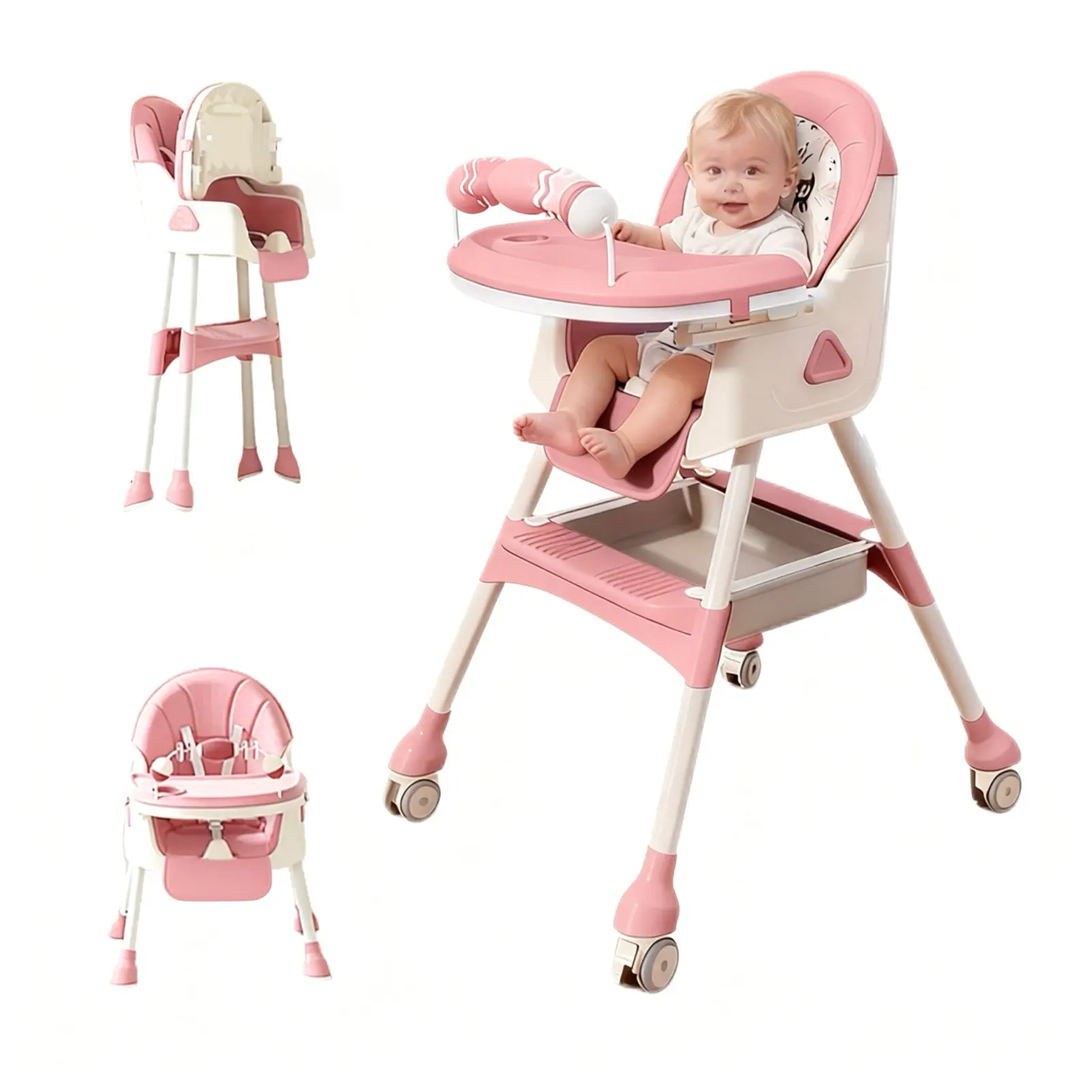 3-in-1 Adjustable Baby High Chair with Locking Wheels, Portable Highchair for Ages 6 Months to 3 Years, Multi-Functional Baby Seat, Rocking Chair, Booster Seat, Easy Folding