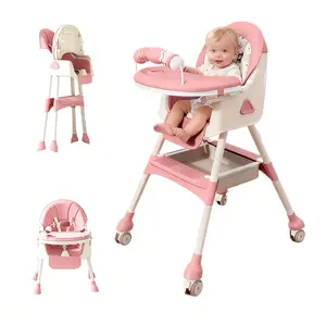 3-in-1 Adjustable Baby High Chair with Locking Wheels, Portable Highchair for Ages 6 Months to 3 Years, Multi-Functional Baby Seat, Rocking Chair, Booster Seat, Easy Folding