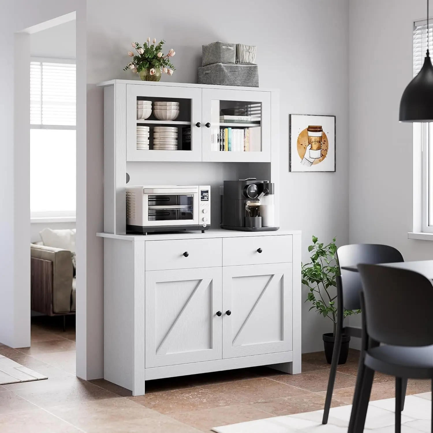 Garvee Kitchen Pantry Storage Cabinet with Microwave Stand & Coffee Bar Cabinet,Ample Storage Space with Countertop and 4 Doors,  Multi-Scene Use As Hutch or Bar Cabinet, Easy Assembly
