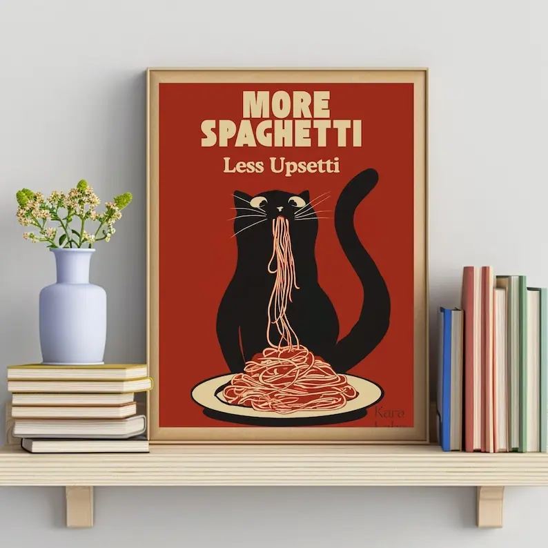 Hungry Cat Spaghetti Print, Humorous Poster, Funny Wall Art for Kitchen (Unframed)