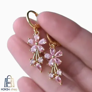 5PCS Multicolor Crystal Floral Dangle Leverback Earrings, Gold Plated Teardrop Zircon Flower Drop Hoop Earrings, Elegant Sparkly Floral Pendant Earrings for Wedding Bridal Party Daily Formal Outfits