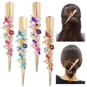 4 Pack Large Long Metal  Hair Clips with Sparkly Rhinestone Flower Butterfly Duckbill Clips Barrettes Hair Pins Accessories for Women Girls
