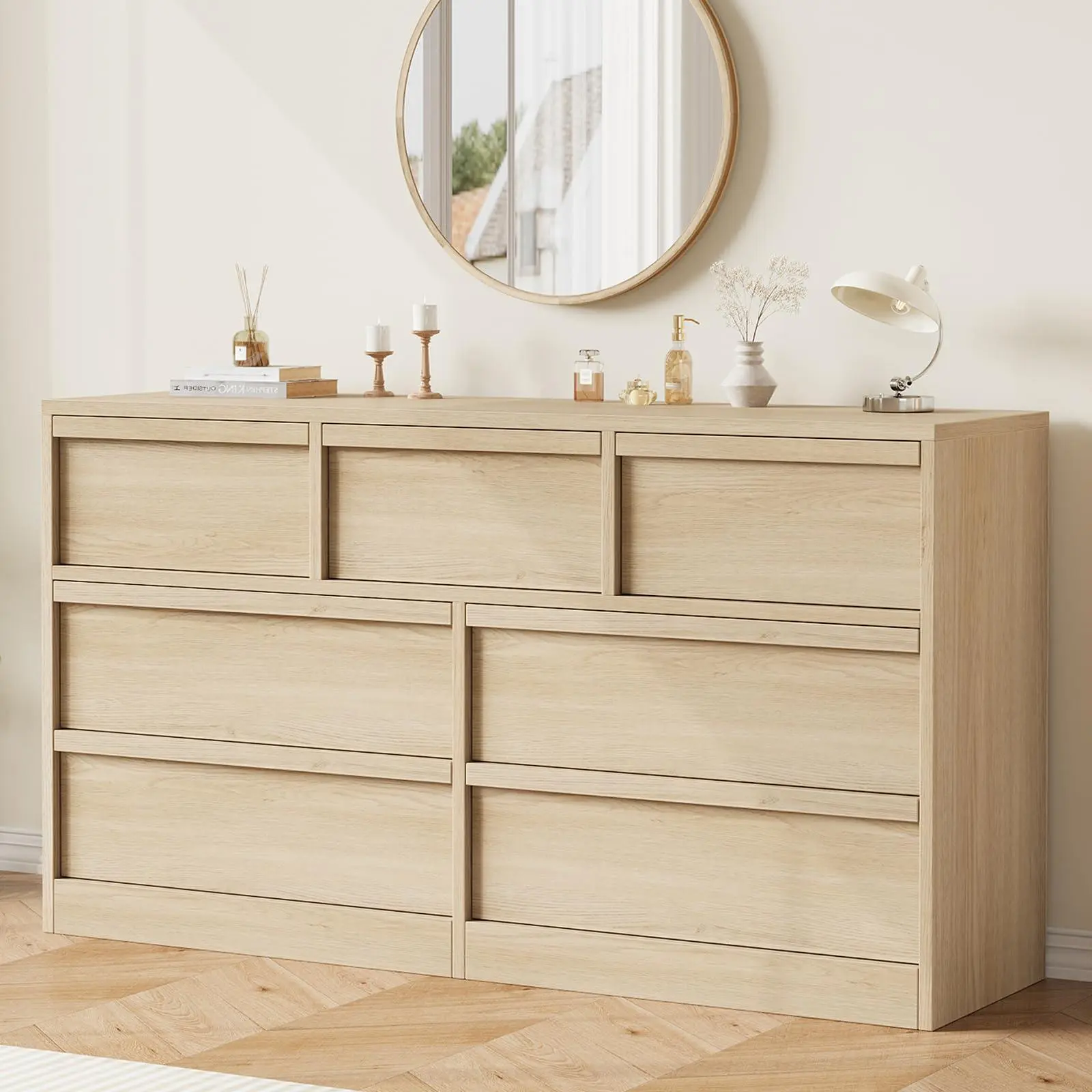 Natural Oak 7-Drawer Dresser - 54in Wide Wooden Storage Organizer for Bedroom, Living Room, Entryway