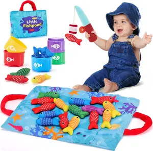 Assorted Montessori Toys for 1 Year Old Boy Girl Birthday Gift - 10 in 1 Cloth Fishing Game Valentines Day Gifts for Toddler Toys 1-3 with Stacking Cups - Number Counting, Color Sorting Learning