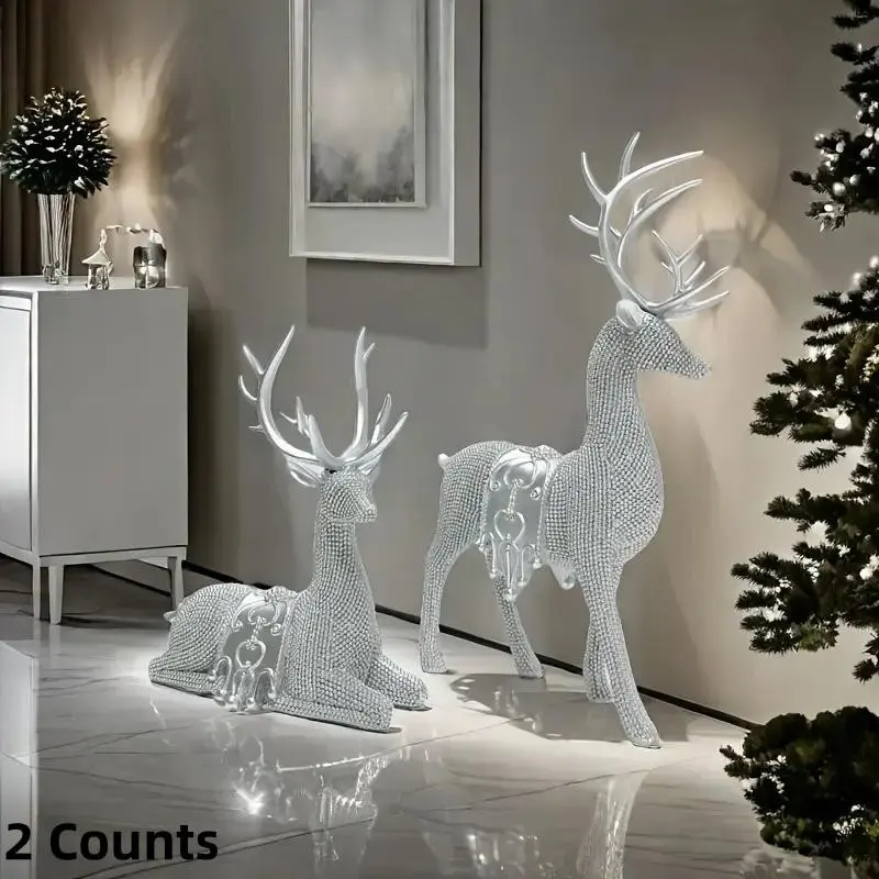 Art Deco Style Deer Statue with Silver Glitter Decoration, Chip Craft Sculpture for Holiday Decor, Home Study Living Room Ornament, Animal Resin Figurine