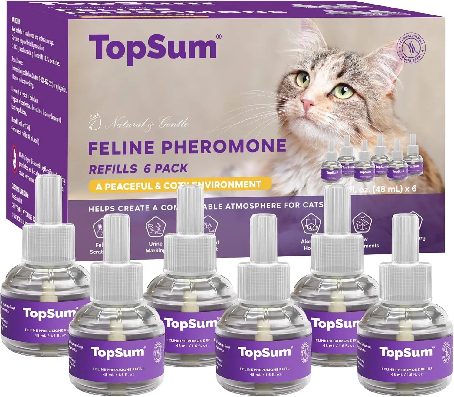 TopSum Cat Calming Diffuser Refills: Pheromone Refill for Cats, Long-Lasting 6-Month Supply, Compatible with Most Diffusers, 6 Pack (Purple)