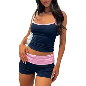 Women Casual 2 Piece Short Clothes Suits Slim Fit Streetwear Fashion Sleeveless Camisole + Fold-Over Micro Shorts Set Outfits
