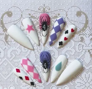 Hisoka-inspired nails – matte white base with card suits, diamond patterns, and spider emblems, blending playful charm with dark mystery for a bold anime aesthetic.