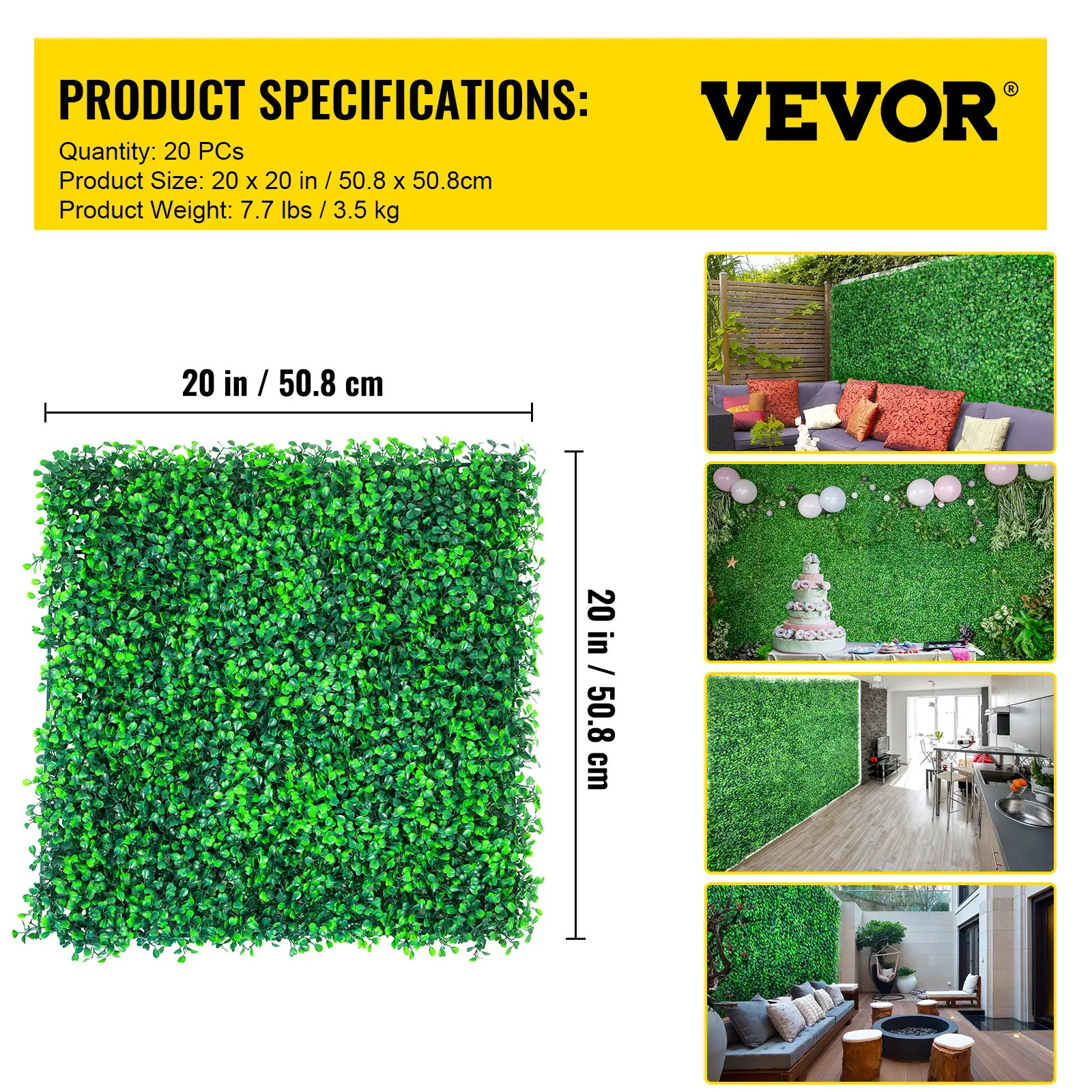 VEVOR 20 PCS 20"x20" Square High-Density PE Eco-Friendly Artificial Boxwood Hedge Wall Panels, 1.6'' Thick Sun Protection Privacy Screen, Outdoor Landscape Decorative Fences for Garden Decoration Indoor DIY (Father's Day Gift), Boxwood Panels, 20 In
