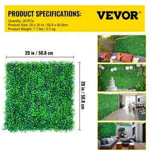 【Summervibes】VEVOR 20 PCS 20"x20" PE Artificial Boxwood Hedge Wall Panels Set, 1.6" Thick Privacy Hedge Screen with Grass Backdrop, Decorative for Outdoor Garden & Indoor Decoration