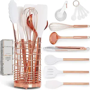 White Silicone and Copper Kitchen Utensils Set with Holder - 17-Piece Rose Gold Cooking Tools for Nonstick Cookware, with Measuring Cups, Spoons, & Utensil Holder - Stylish Copper Kitchen Accessories STYLED SETTINGS