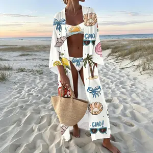 Beachside Hand-Painted Print Bikini Set & Long Cardigan Sun Protection Cover-Up