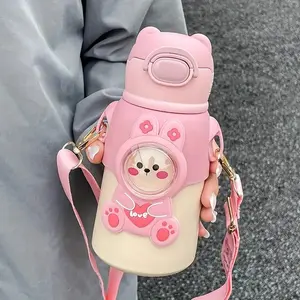 Cartoon Animal Design Vacuum Flask, 1 Count Portable Stainless Steel Water Bottle with Straw, Drinking Cup for Home Office School, Leak Resistant Tumbler with Lid, Drinkware