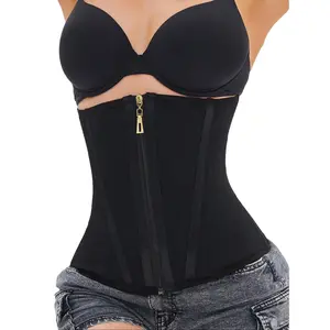 Women's Solid Fabric Compression Waist Trainer Faja Shapewear - Stretchy Belt, Zipper & Hook-and-Loop Fastenings, Black, for Daily Wear, Exercise & Hiking