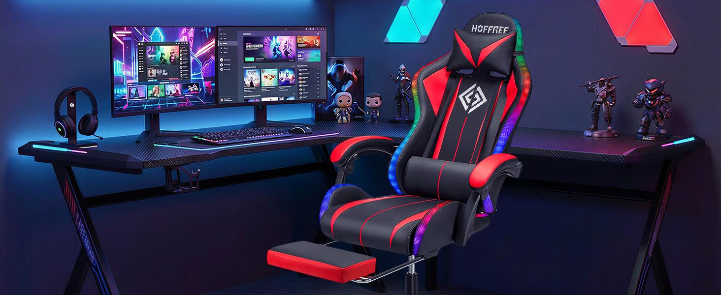 HOFFREE RGB Gaming Chair with Speakers Massage Computer Gaming Chair with LED Lights and Footrest High Back Video Game Chair for Adults Red and Black