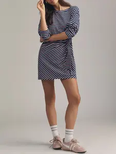 Fisoew Women’s Striped Long-Sleeve Crew Neck Bodycon Mini Dress, Casual Tie-Waist Slim-Fit Fall Dress