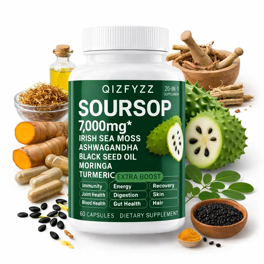 Soursop Graviola Complex featuring Sea Moss, Moringa, Turmeric, Black Seed Oil, Oregano, and Ashwagandha | 20-in-1 Herbal Blend for Complete Wellness Support | Vegan & Non-GMO | 60 Capsules