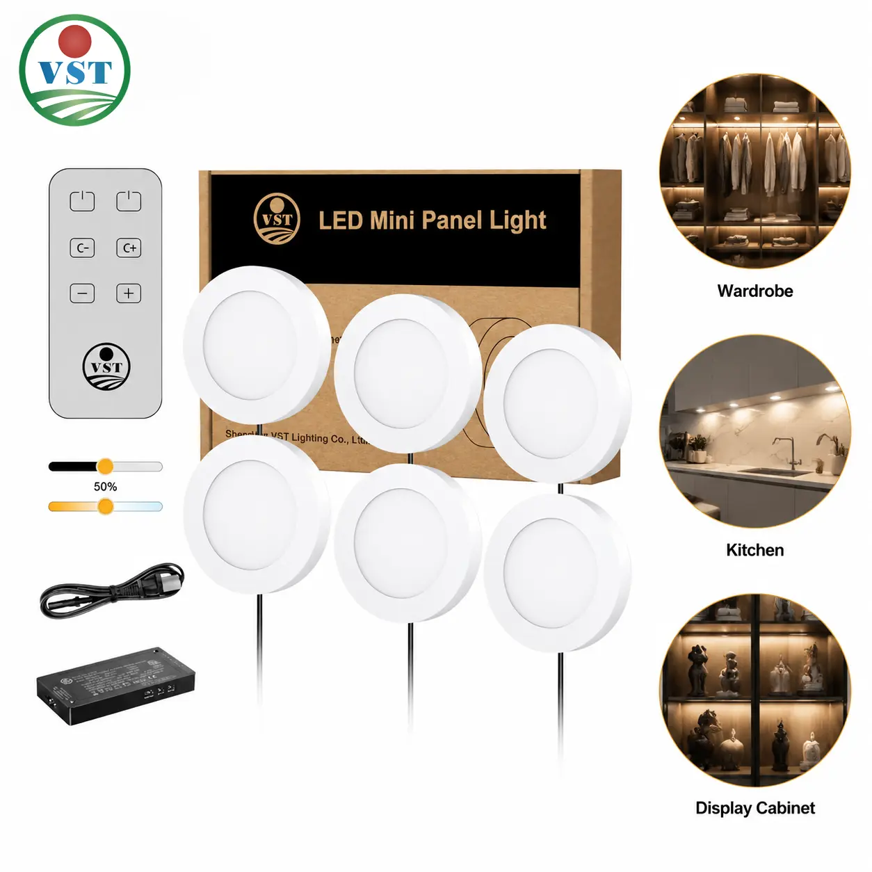 VST 6-Piece Smart Puck Light Set - 10mm Thin, 1.8W Power, Aluminum Body, Dimmable Under-Cabinet LED Lights for Indoor Use, Alexa & App Compatible, Wireless, Easy Installation for Kitchen Bookshelves, Voice/App/Remote
