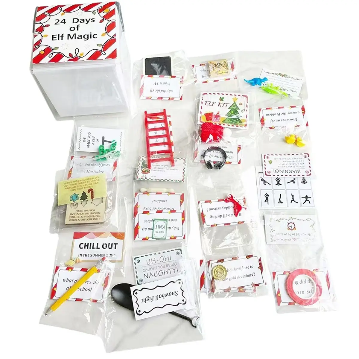 Elf Kit 24 Days of Christmas, 24 Days of Elf Magic Kit, Holiday Advent Calendar, Xmas Countdown Box Include Daily Elves Scene Prop Card Accessories for Christmas Decor