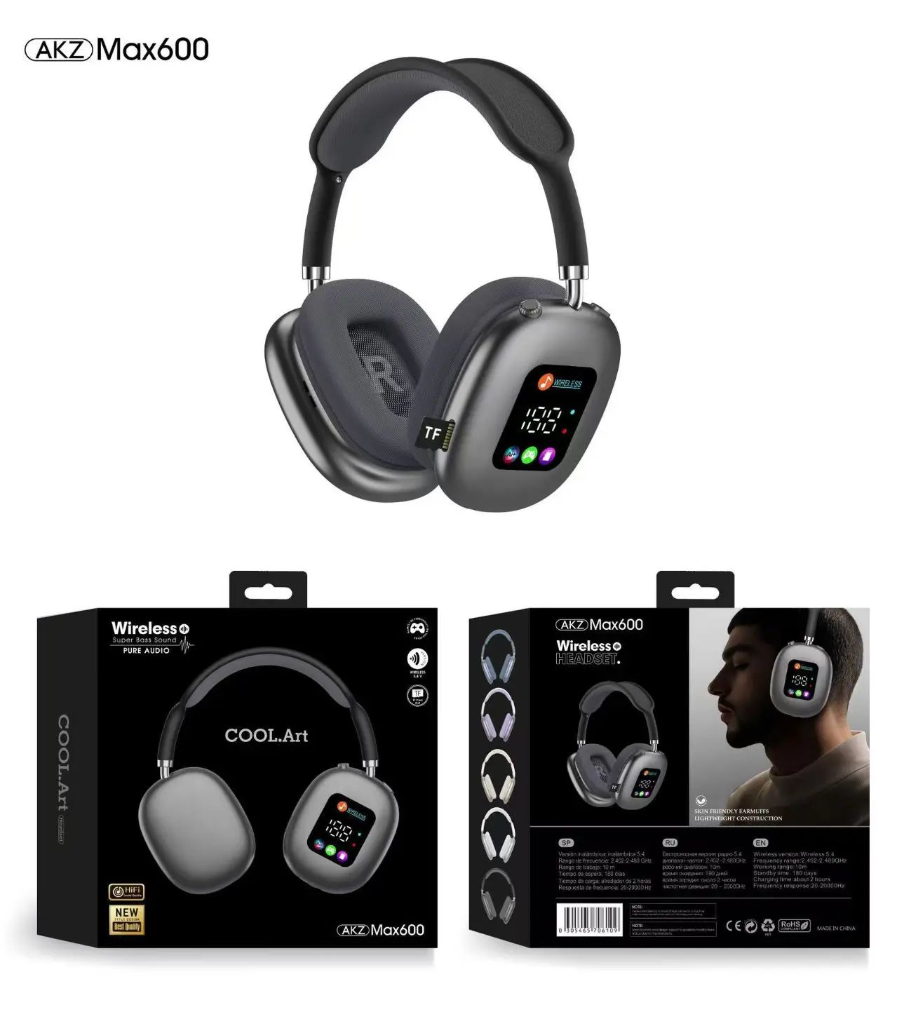 AKZ-MAX600 Wireless On-Ear Headphones with RGB Digital HD Display, 3D Stereo Sponge Earmuffs, TF Card & Bluetooth Support, Comfortable Fit for Phones, Audio Devices & Electronics