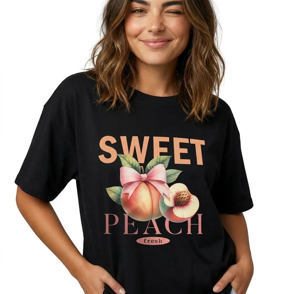 Sweet Peach Graphic Tee Women Cute Summer Fruit Shirt Coquette Bow Top